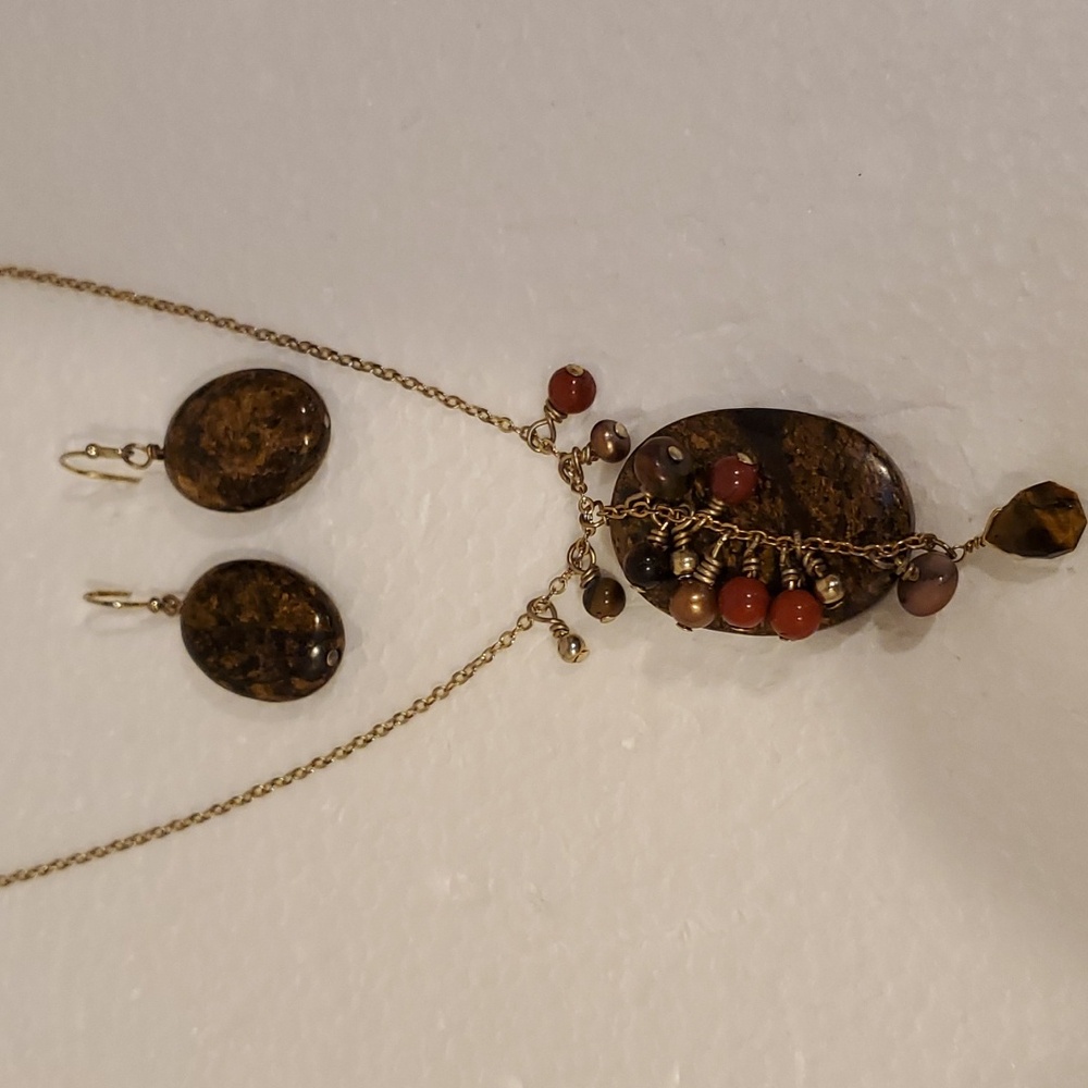 SET: Bronzite Cabachon & Gemstone Beads Necklace & Earrings